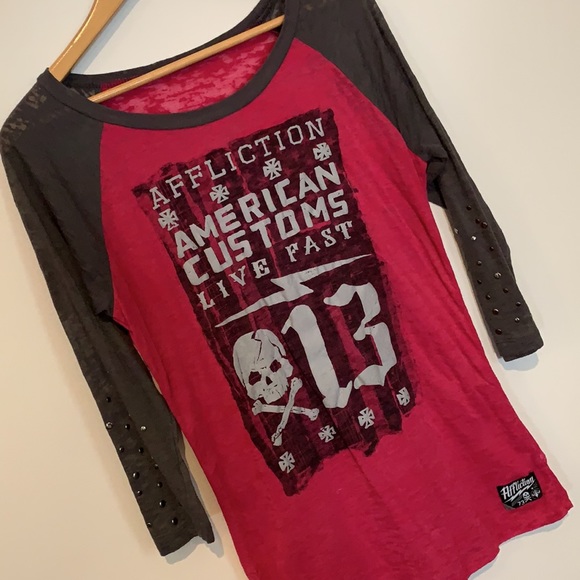 Affliction pink 3/4 sleeve top - Picture 2 of 5